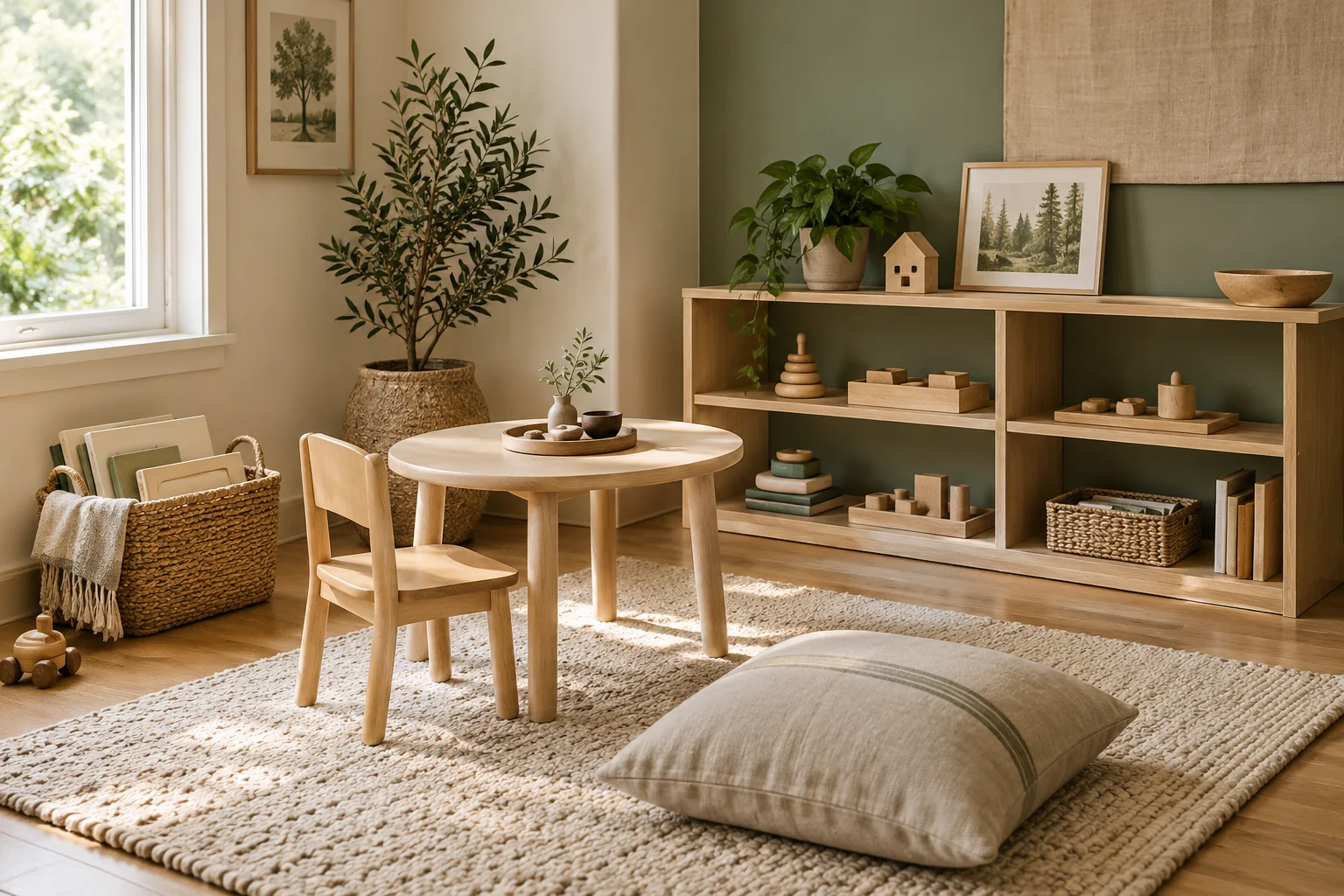 Concept learning corner with accessible wooden shelves, activity trays, a small table, and natural light