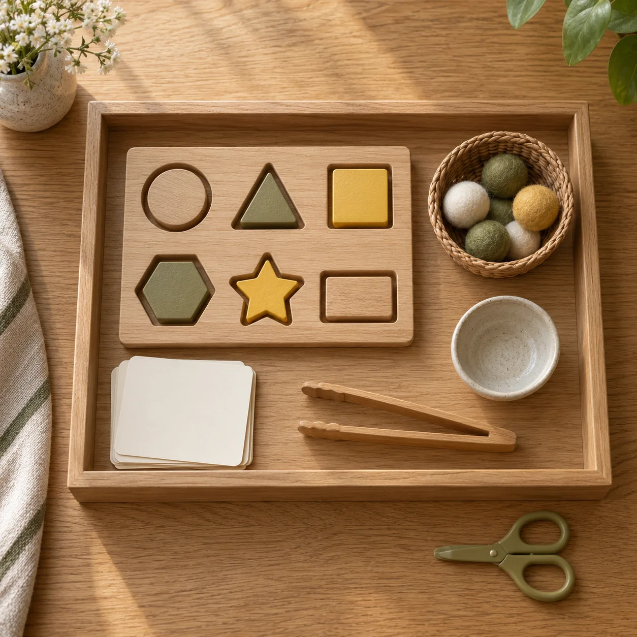 Illustrative selection of wooden activity materials arranged on a tray