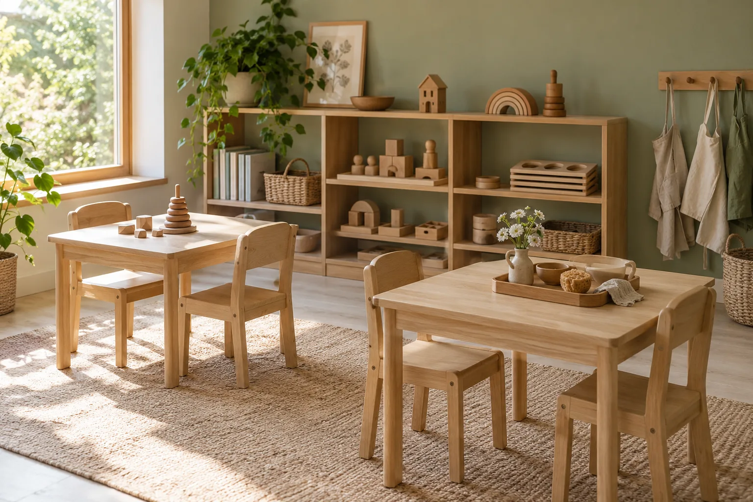 Concept preschool activity area with child-sized tables and low wooden material shelves
